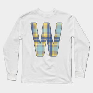 Monogram Letter W, Blue, Yellow and Grey Scottish Tartan Style Typography Design Long Sleeve T-Shirt